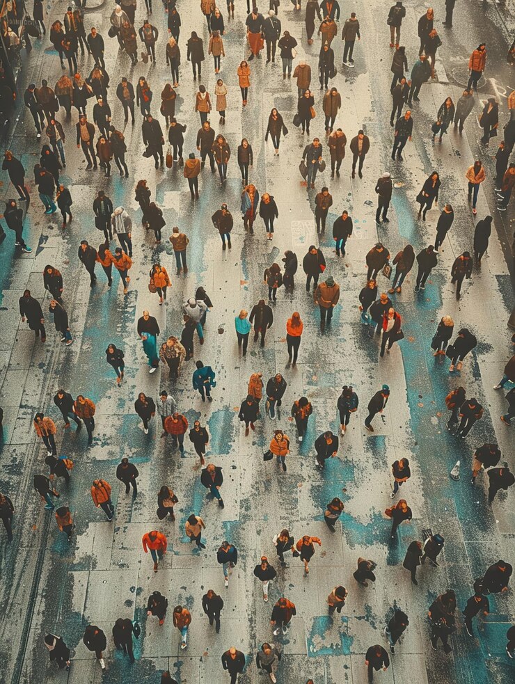 Diseñar una imagen convincente que muestre una vista de pájaro de una plaza de la ciudad abarrotada con personas que se involucran i