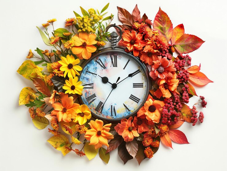 Diseñar una imagen de vista de ángulo alto de un reloj transformándose de flores en flor en primavera a hojas coloridas en otoño Mostrar el concepto de tiempo cambiando con las estaciones a través de elementos artísticos