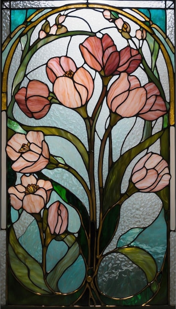 Diseñar un panel de vidrio pintado inspirado en el Art Nouveau para la primavera centrándose en líneas elegantes que fluyen de