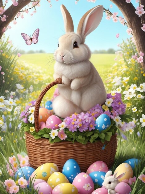 Diseñar una portada encantadora con un conejo que lleva una canasta llena de huevos de Pascua decorados