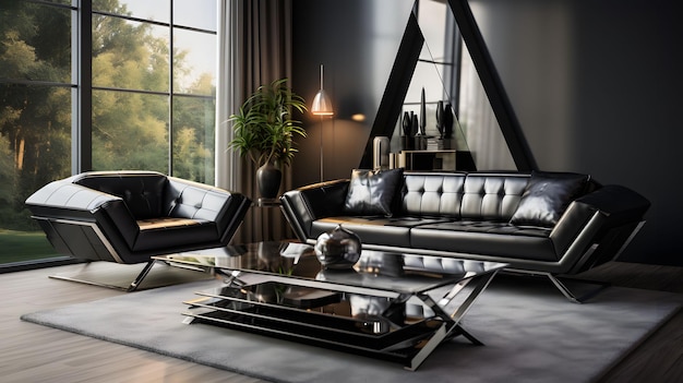 Diseñar una sala de estar moderna con un elegante sofá de cuero negro mesa de café de vidrio y una llamativa alfombra geométrica Generative Ai