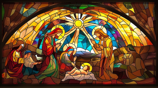 Diseñar un vitral que representa la escena de la Natividad con Jesús en el pesebre rodeado por María José y los pastores usando colores cálidos para evocar una sensación de paz divina