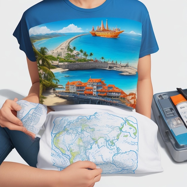 Foto diseñe una camiseta que represente su destino de viaje soñado utilice imágenes relacionadas con la aventura como