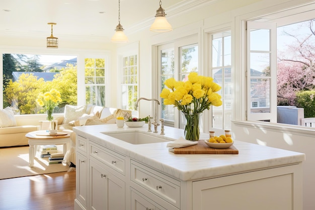 Diseñe una cocina abierta y aireada con paredes y ventanas de color amarillo pálido.