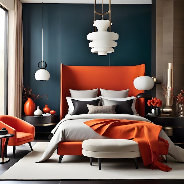 Diseñe un dormitorio moderno con muebles elegantes y colores audaces