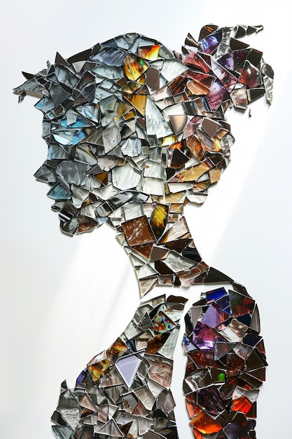 Diseño 3D abstracto de una silueta de mujer formada por un mosaico de piezas de vidrio
