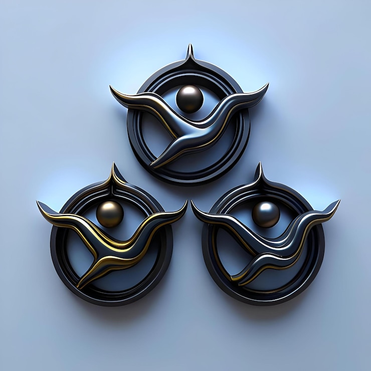 Foto diseño 3d abstracto de tres símbolos circulares con acentos metálicos dorados y negros