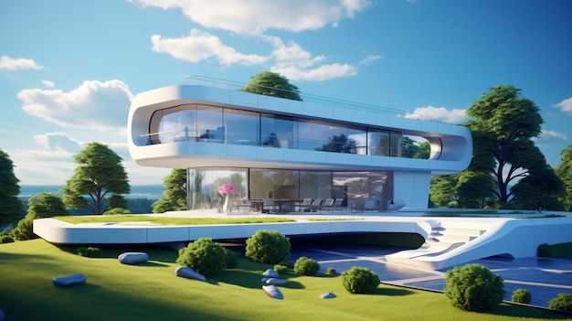 Diseño 3d de concepto de casa futurista lujosa moderna