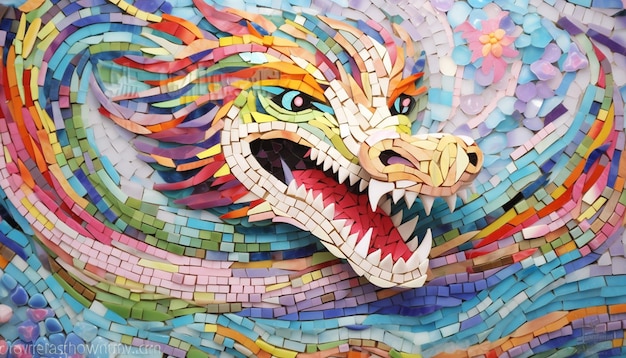 Un diseño 3D con un dragón chino hecho de azulejos de mosaico de colores