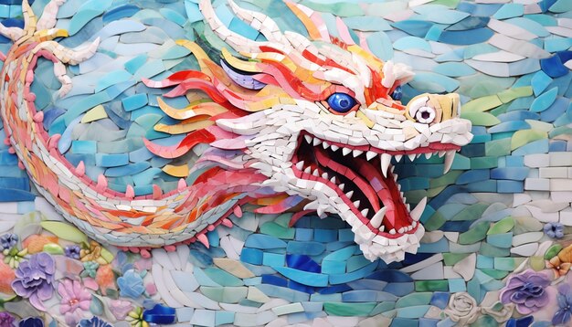 Un diseño 3D con un dragón chino hecho de azulejos de mosaico de colores