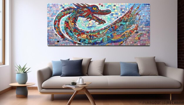 Un diseño 3D con un dragón chino hecho de azulejos de mosaico de colores