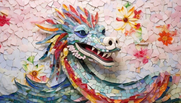 Un diseño 3D con un dragón chino hecho de azulejos de mosaico de colores