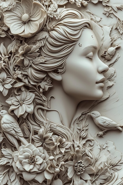 Diseño 3D elegante de un perfil de mujer con elementos de la naturaleza