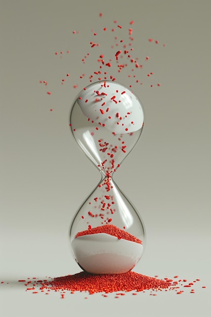 Un diseño 3D limpio de un reloj de arena blanco con partículas rojas que caen lentamente