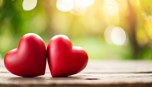 Diseño 3D realista con un par de corazones rojos vibrantes en una mesa de madera que simboliza el amor y r