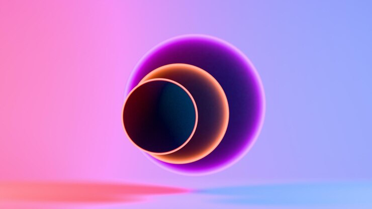 Foto diseño abstracto colorido con anillos brillantes en tonos rosados, púrpuras y azules que crean una estética futurista y minimalista con formas dinámicas suaves