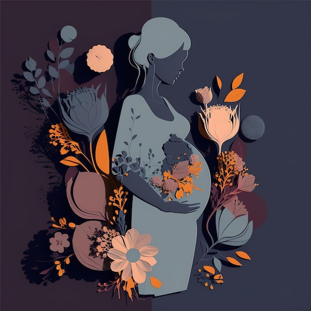 Diseño abstracto del Día de la Madre de una madre embarazada Un arte hecho a mano como estilo plano con flores