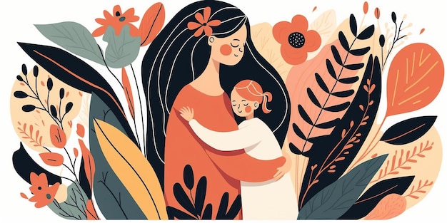 Diseño abstracto del día de la madre Una madre con un niño flores diseño plano de arte hecho a mano