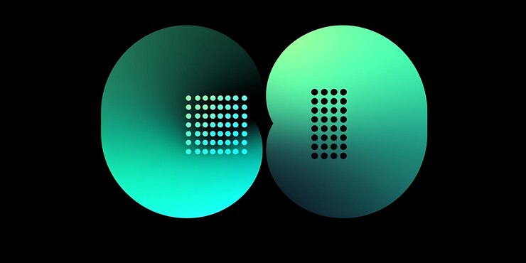 Foto diseño abstracto con dos círculos de gradiente verde superpuestos y patrones punteados