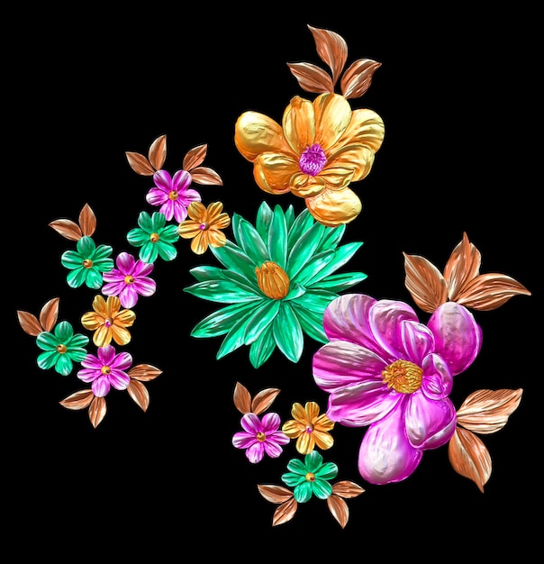 Diseño abstracto de flores metálicas con fondo negro Pintura digital de flores Flores decorativas
