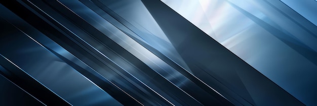 Diseño abstracto minimalista con líneas negras y formas geométricas en un gradiente azul oscuro con tiras metálicas reflectantes que crean bordes afilados definidos por la luz