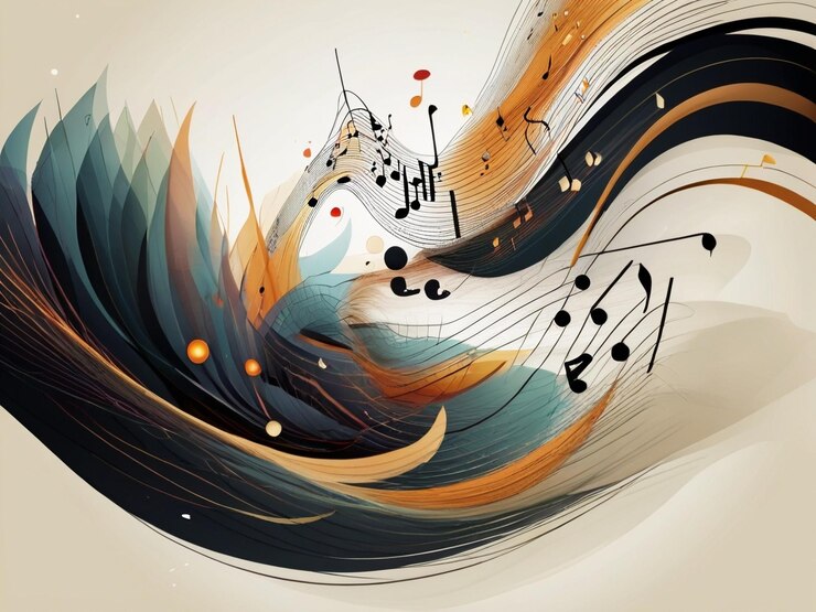 Diseño abstracto con notas musicales que fluyen en líneas