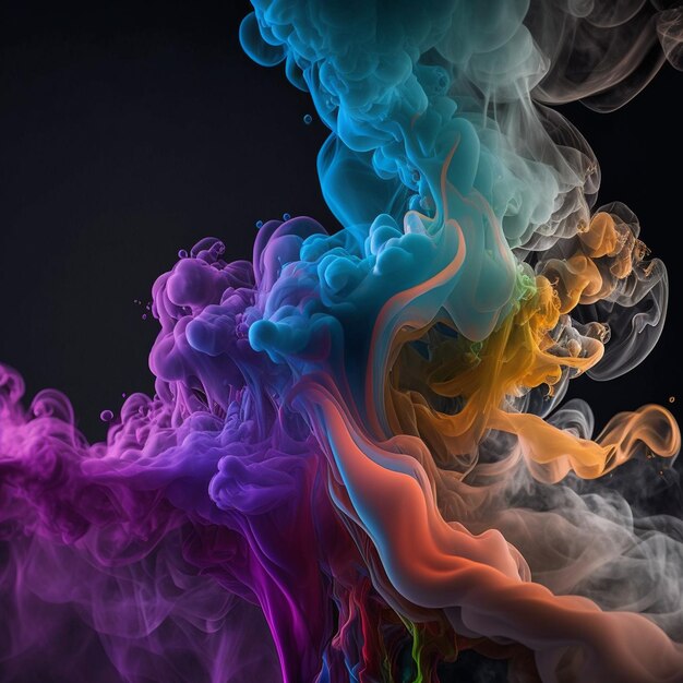 Diseño abstracto de una nube de humo Colorido arco iris de partículas de polvo primer plano sobre fondo negro