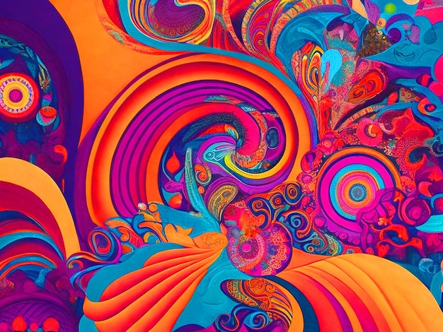 diseño abstracto que captura la energía de un viaje psicodélico con un fondo de colores arremolinados