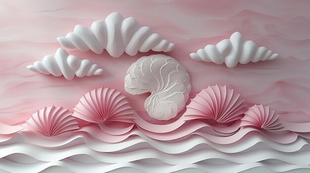 Diseño abstracto rosa y blanco con nubes y conchas marinas