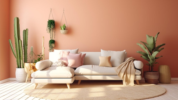 Diseño acogedor de la sala de estar con un sofá blanco varias plantas y una maqueta de pared de color melocotón brillante