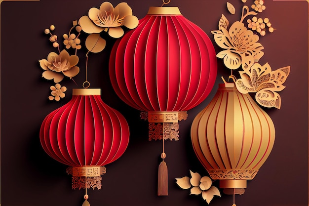 Diseño de año nuevo chino festival de primavera festival de linternas oro rojo