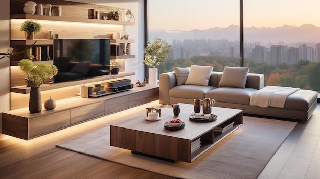 Diseño de apartamento moderno interior con piso de madera.