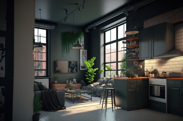 Diseño de un apartamento tipo estudio contemporáneo en una cocina de estilo loft gris oscuro sala de estar espacio de trabajo baño y ducha sol como la luz dentro