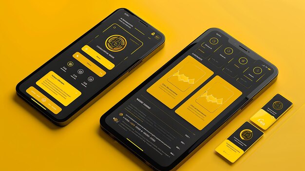 Diseño de la aplicación Lisk Cryptocurrency Javascript Layout móvil con amarillo el diseño de la idea de concepto de cripto