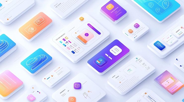 Foto diseño de aplicación móvil isométrica con fondo blanco de color gradiente y varios iconos