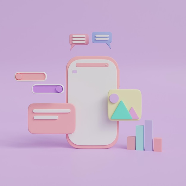Diseño de aplicación de teléfono móvil mínimo de teléfono inteligente de dibujos animados en 3D sobre fondo púrpura renderizado de icono 3d