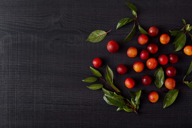 Foto diseño armonioso de frutas con hojas verdes. muchas ciruelas maduras rojas y amarillas están cerca una de la otra, con pequeñas ramas alrededor. composición de fruta completa sobre fondo negro.