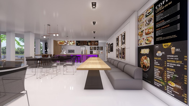 Diseño arquitectónico de cafetería con pancarta y maqueta de menú ilustración 3d