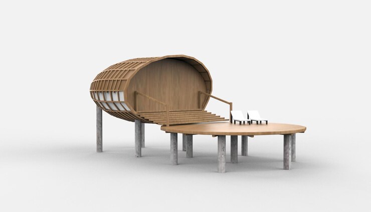 Foto diseño arquitectónico conceptual salón al aire libre en forma de barril