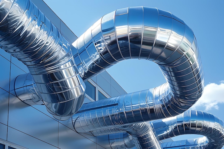 Diseño arquitectónico moderno con elegantes conductos metálicos contra un cielo azul claro
