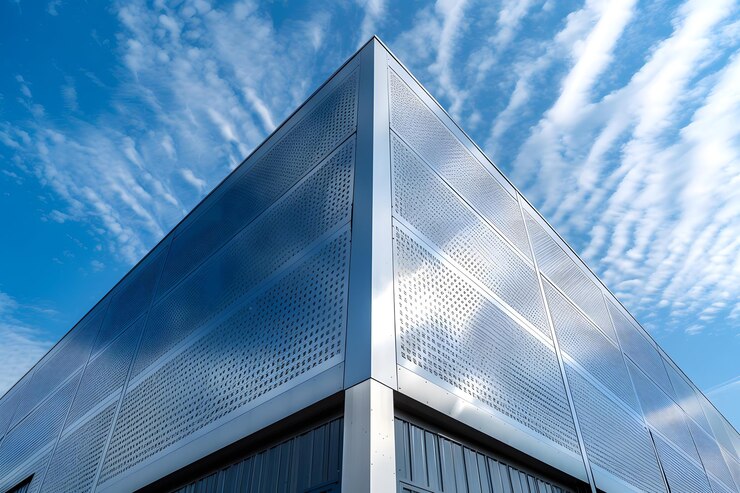Diseño arquitectónico moderno con fachada reflectante contra un cielo azul