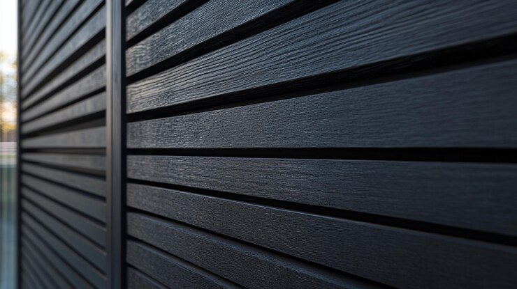 Diseño arquitectónico moderno con pizarras de madera negra en un entorno contemporáneo