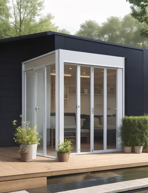 Foto diseño arquitectónico vista frontal de una casa simple con diseño de vidrio y fachada de patio verde