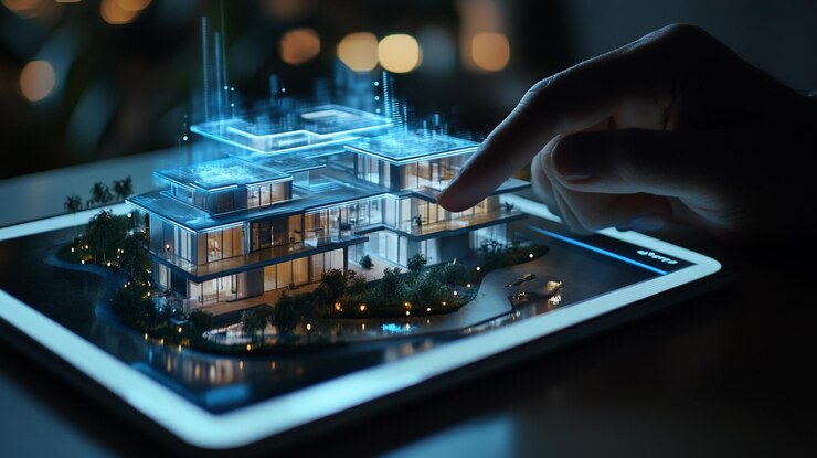 Un diseño de arquitectura digital futurista cobra vida en una pantalla de tableta iluminada por una luz vibrante