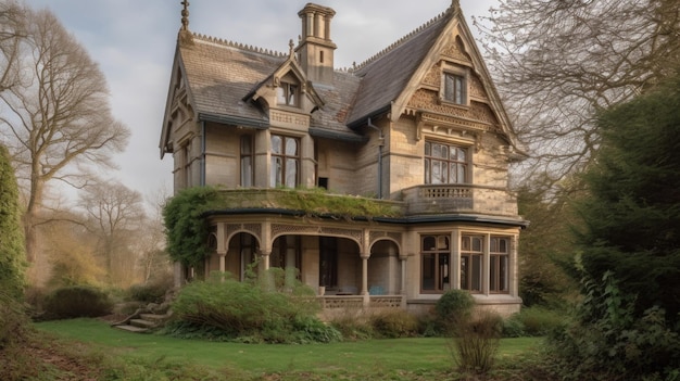 Diseño de la arquitectura del hogar en estilo Tudor con entramado de madera