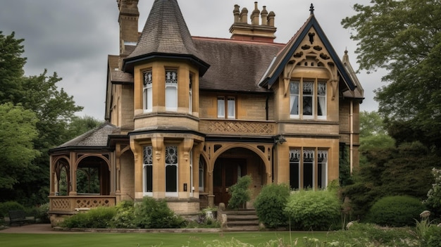 Diseño de la arquitectura del hogar en estilo Tudor con entramado de madera