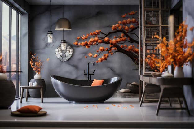 Diseño de arquitectura interior de baño de lujo con tema de otoño