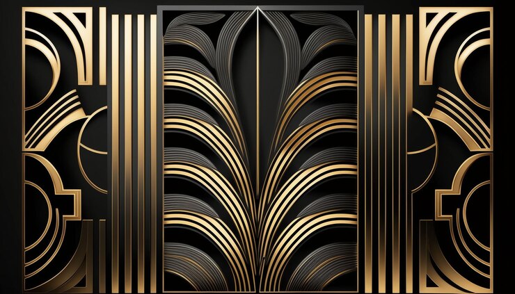 Un diseño art déco negro y dorado con un patrón decorativo.
