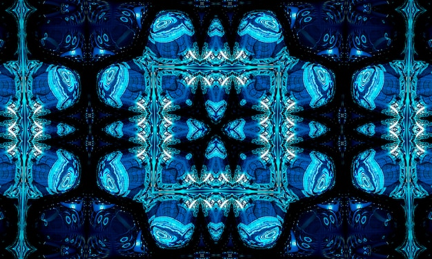 Diseño de arte de forma de dibujo de punto medio cuadrado cian frío brillante. Forma de gran esfera mágica difusa en artista moderno. Símbolo de la bola del auge del poder abigarrado del color azul marino de la aguamarina en aficionado oscuro. Caleidoscopio de aguas profundas.