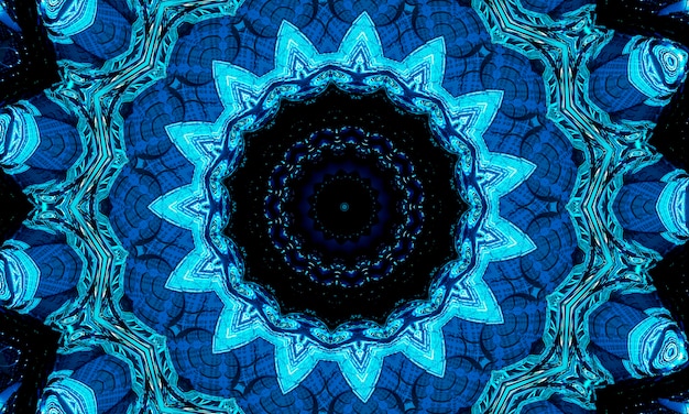 Diseño de arte de forma de dibujo de punto medio de sol cian frío brillante. Forma de gran esfera mágica difusa en artista moderno. Símbolo de la bola del auge del poder abigarrado del color azul marino de la aguamarina en aficionado oscuro. Caleidoscopio de aguas profundas.